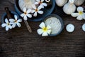 Thai Spa massage compress balls, herbal ball and treatment spa with flower, Thailand. Healthy Concept.