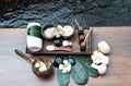 Thai Spa massage compress balls, herbal ball and treatment spa, relax and healthy care with flower, Thailand. Royalty Free Stock Photo