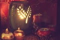 Thai spa massage setting with aroma oil and candles. Royalty Free Stock Photo