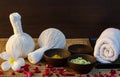 Thai spa massage setting on wood pattern background