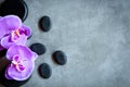 Thai Spa. Top view of hot stones setting for massage treatment and relax with purple orchid on blackboard with copy space. Royalty Free Stock Photo