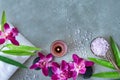 Thai Spa. Top view of hot stones setting for massage treatment and relax with purple orchid on blackboard with copy space. Royalty Free Stock Photo