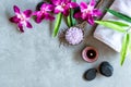 Thai Spa. Top view of hot stones setting for massage treatment and relax with purple orchid on blackboard with copy space Royalty Free Stock Photo