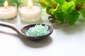 Thai Spa treatments aroma therapy salt and nature green sugar scrub and rock massage with green orchid flower on wooden white wit