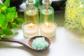 Thai Spa Treatments aroma therapy salt and nature green sugar scrub and stone massage with green orchid flower on wooden white wi