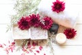 Thai Spa Treatments aroma therapy salt and sugar scrub and rock massage with red flower with candle for relax time Royalty Free Stock Photo
