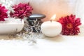 Thai Spa Treatments aroma therapy salt and sugar scrub and rock massage with red flower with candle for relax time. Thailand. Heal Royalty Free Stock Photo