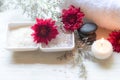 Thai Spa Treatments aroma therapy salt and sugar scrub and rock massage with red flower with candle for relax time. Royalty Free Stock Photo