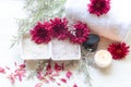 Thai Spa Treatments aroma therapy salt and sugar scrub and rock massage with red flower with candle for relax time Royalty Free Stock Photo