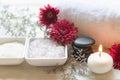 Thai Spa Treatments aroma therapy salt and sugar scrub and rock massage with red flower with candle. Thailand. Royalty Free Stock Photo