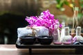 Thai Spa Treatments aroma therapy salt and sugar scup and rock massage with orchid flower. Healthy Concept. copy space,