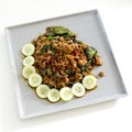 Thai spicy food basil meat fried recipe (Krapao Mooi) on square