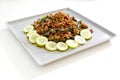 Thai spicy food basil meat fried recipe (Krapao Mooi) on square