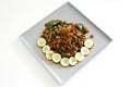 Thai spicy food basil meat fried recipe (Krapao Mooi) on square