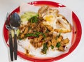Thai spicy food Stir fried basil Crispy pork with rice and fried egg and chili fish sauce Royalty Free Stock Photo