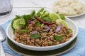 Thai spicy minced pork salad or laab moo in Isan Thai food style