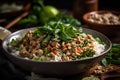 Thai spicy minced pork salad with rice and basil in a bowl