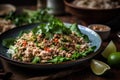 Thai spicy minced pork salad with rice and vegetables, selective focus