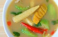 Thai Spicy Mixed Vegetable Soup Called Gaeng Liang Served in White Bowl