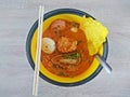 Thai spicy noodle with boiled eggs Thai:Tom Yum Seafood Royalty Free Stock Photo