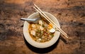 Thai spicy noodle with pork and boild egg Royalty Free Stock Photo