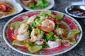 Thai Spicy salad with chicken, shrimp, fish and vegetables