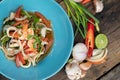 Thai spicy seafood salad with prawns, squid and Thai mussels Royalty Free Stock Photo