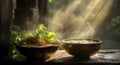 Thai spicy soup with herbs in clay bowl on wooden table