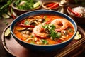 Thai spicy tom yum thale soup with seafood in plate on the table Royalty Free Stock Photo