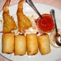 Thai spring rolls and fried shrimps Royalty Free Stock Photo