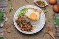 Thai Stir fried  basil with minced pork, chili and fried egg on topped rice. Royalty Free Stock Photo