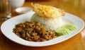 Thai stir fried basil with minced pork and fried egg eating with cooked rice Royalty Free Stock Photo
