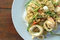 Thai stir fried curry seafood