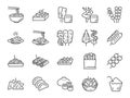 Thai street food line icon set. Included the icons as dumplings, skewer, sausage, grilled chicken wings, asian style, fruit bowl,