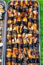 Overhead Japanese Sushi food top with roasted eel for every one. Royalty Free Stock Photo