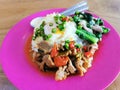Thai street food, stir fried pork and vegetable, pork curry and fried egg with stream rice Royalty Free Stock Photo