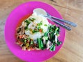 Thai street food, stir fried pork and vegetable, pork curry and fried egg with stream rice Royalty Free Stock Photo