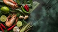 Thai Street Food Tom Yum Soup Ingredients on Banana Leaf