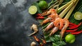 Thai Street Food Tom Yum Soup Ingredients on Banana Leaf