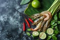 Thai Street Food Tom Yum Soup Ingredients on Banana Leaf