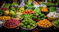 Colorful displays of fresh produce by Thai street vendors.AI Generated