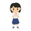 Thai Student Girl in Cute Kawaii Cartoon Style Character is Sawasdee Greeting