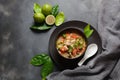 Thai style coconut milk soup-Tom Kha Gai with chicken, mushrooms, galangal, lime leaves, lemongrass, chili peppers. Royalty Free Stock Photo