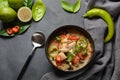 Thai style coconut milk soup-Tom Kha Gai with chicken, mushrooms, galangal, lime leaves, lemongrass, chili peppers Royalty Free Stock Photo