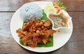 Thai style food, fried pork with blue cooked rice