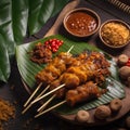 Thai style pork satay with sweet and sour sauce on wooden background