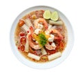 Thai Style Spicy Seafood Shrimp Salad Yum With Lotus Stem In Ceramic Plate Top View Isolated On The White Background With