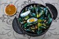 Thai style steamed mussle pot Royalty Free Stock Photo