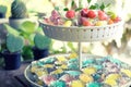 thai sweet colorful in the tiered tray wood talble Royalty Free Stock Photo