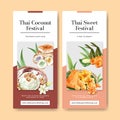 Thai sweet flyer design with thai custard, pudding illustration watercolor